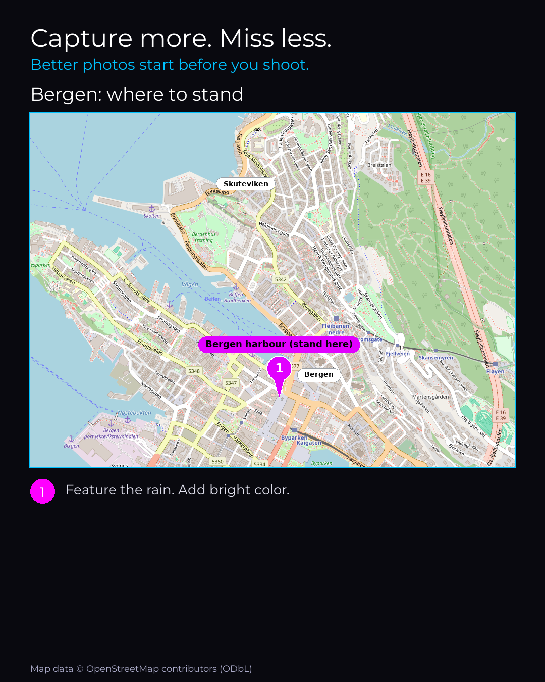 Shot map of Bergen in Norway, showing where to stand to photograph it with a smartphone, with the standing point marked on the map.