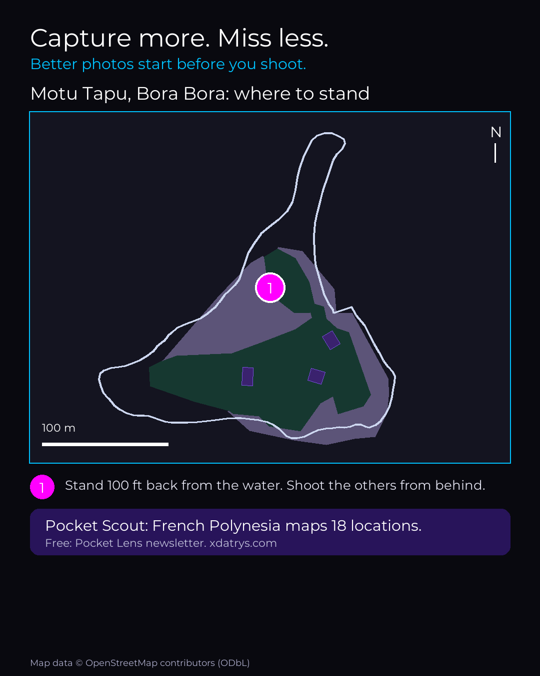 Map of Bora Bora with numbered standing points for the best photographs