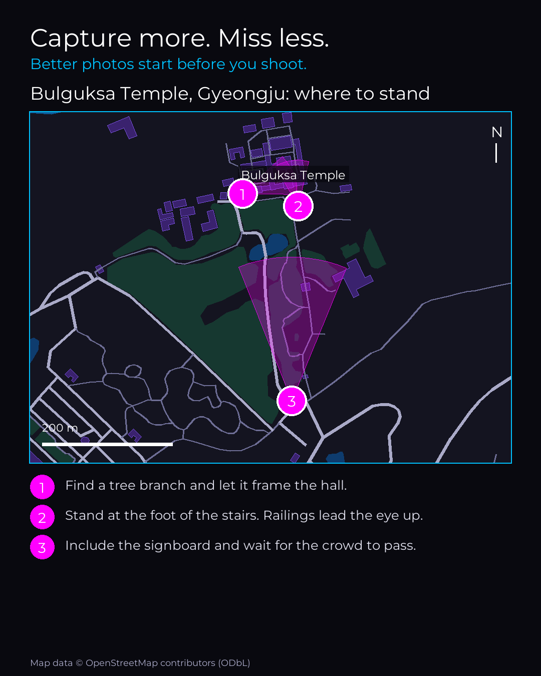 Map of Bulguksa with numbered standing points for the best photographs