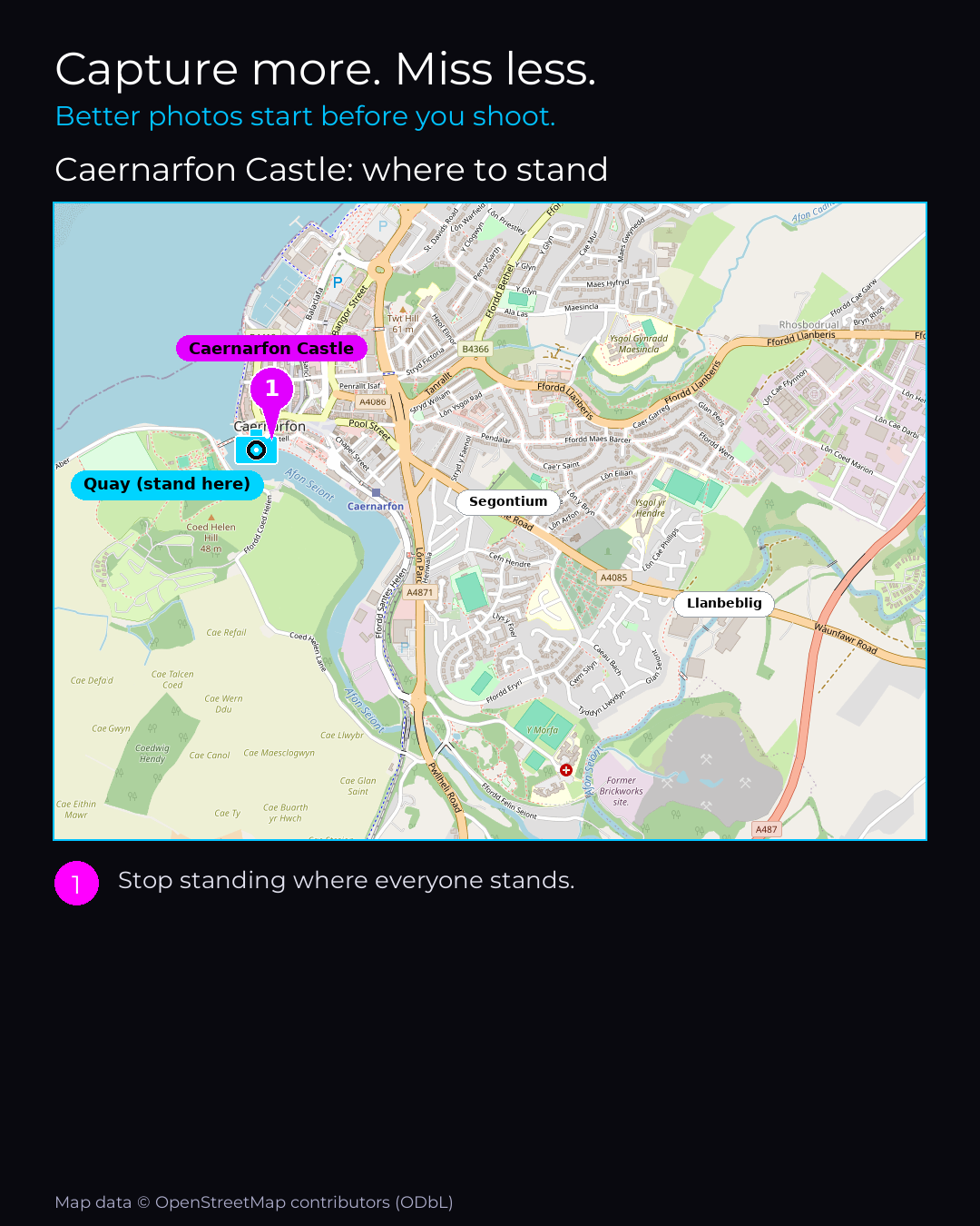 Shot map of Caernarfon Castle in United Kingdom, showing where to stand to photograph it with a smartphone, with the standing point marked on the map.