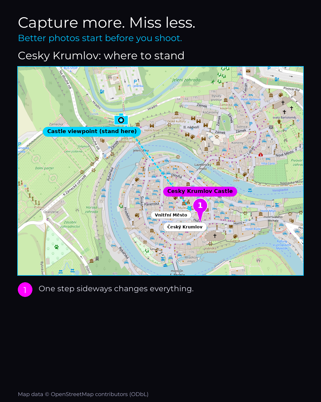 Shot map of Cesky Krumlov in Czechia, showing where to stand to photograph it with a smartphone, with the standing point marked on the map.
