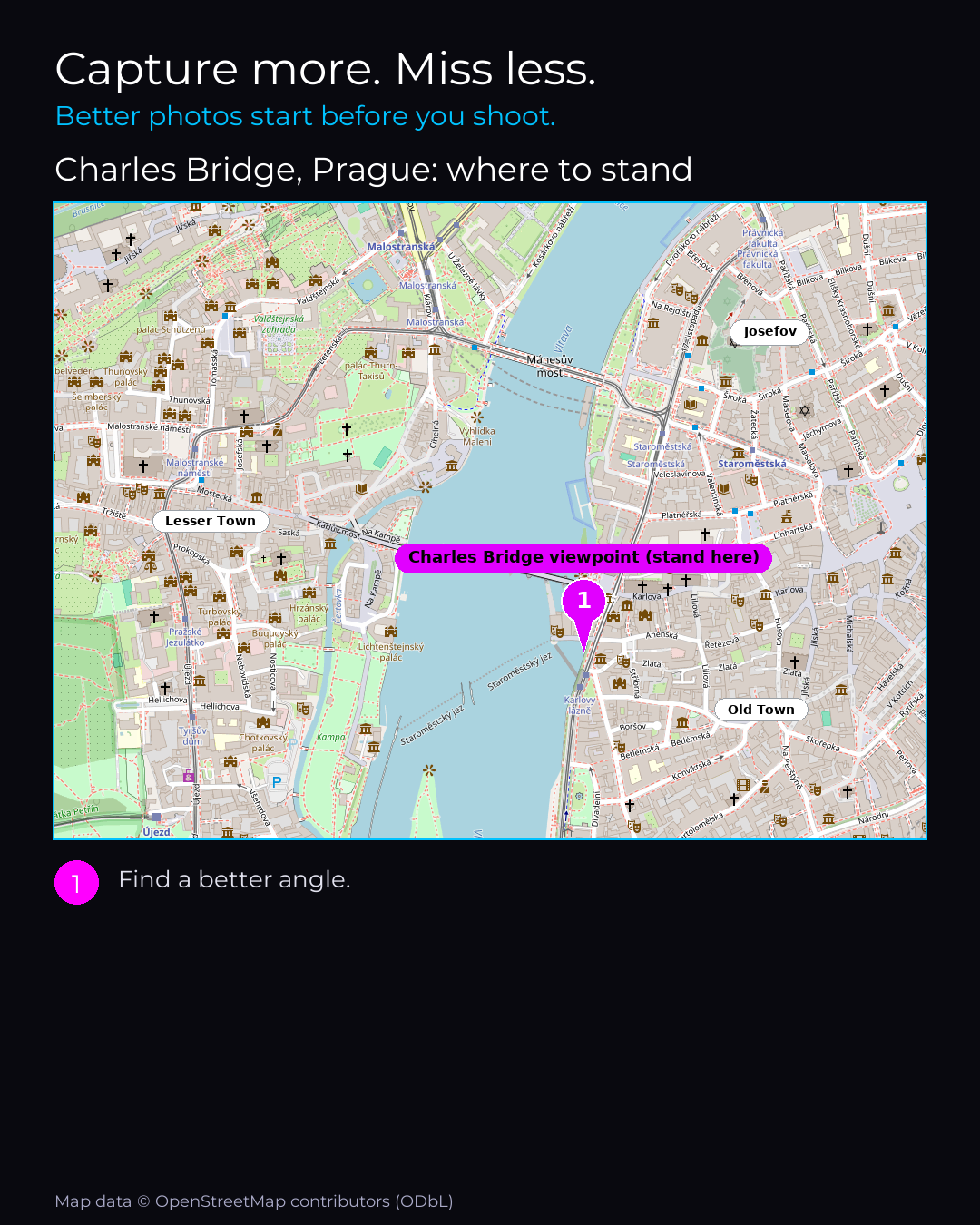 Shot map of Charles Bridge in Prague, Czechia, showing where to stand to photograph it with a smartphone, with the standing point marked on the map.