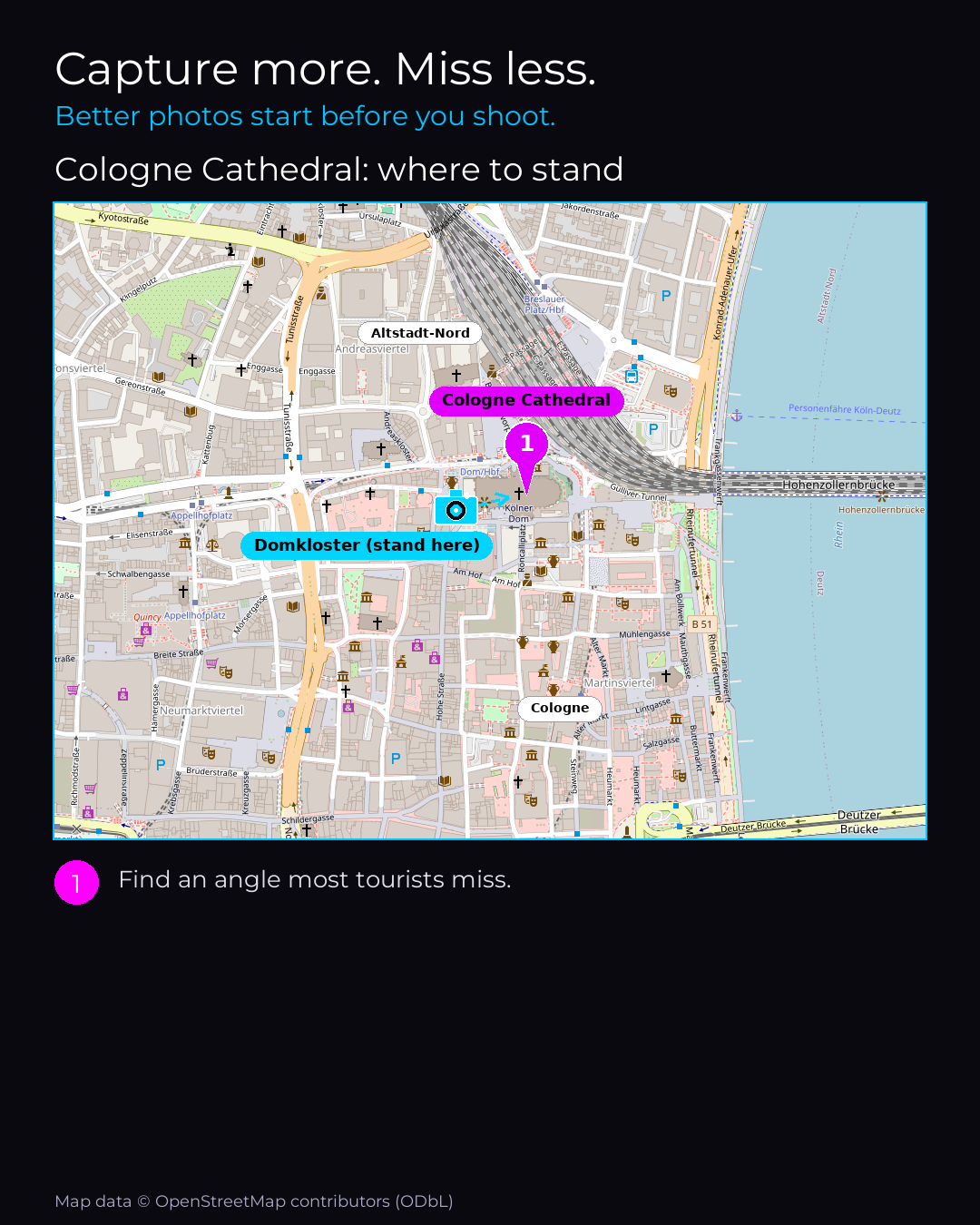 Shot map of Cologne Cathedral in Germany, showing where to stand to photograph it with a smartphone, with the standing point marked on the map.