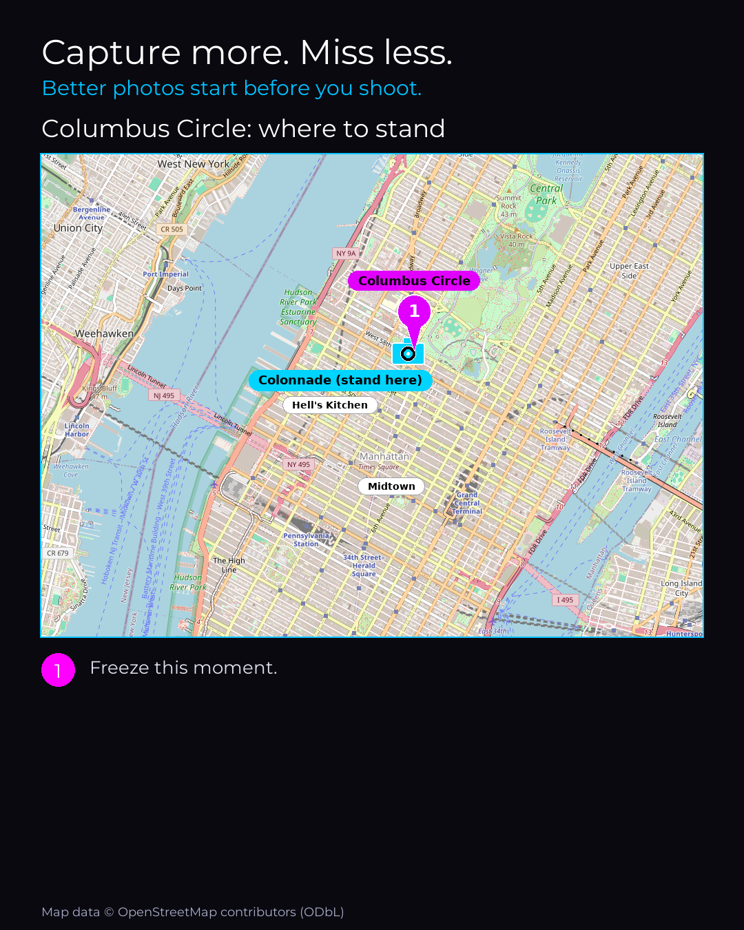 Map of Columbus Circle with numbered standing points for the best photographs