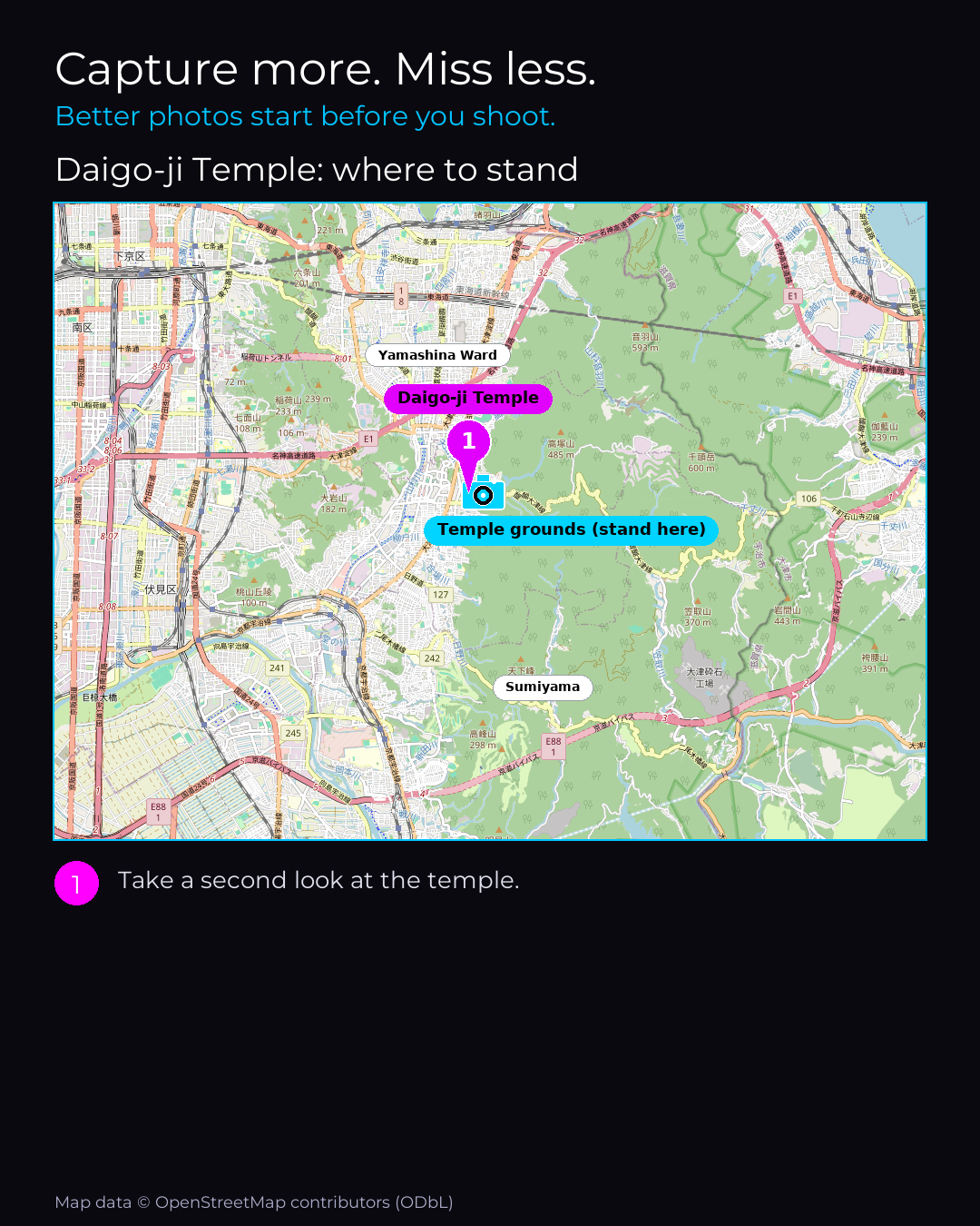 Shot map of Daigo-ji Temple in Kyoto, Japan, showing where to stand to photograph it with a smartphone, with the standing point marked on the map.