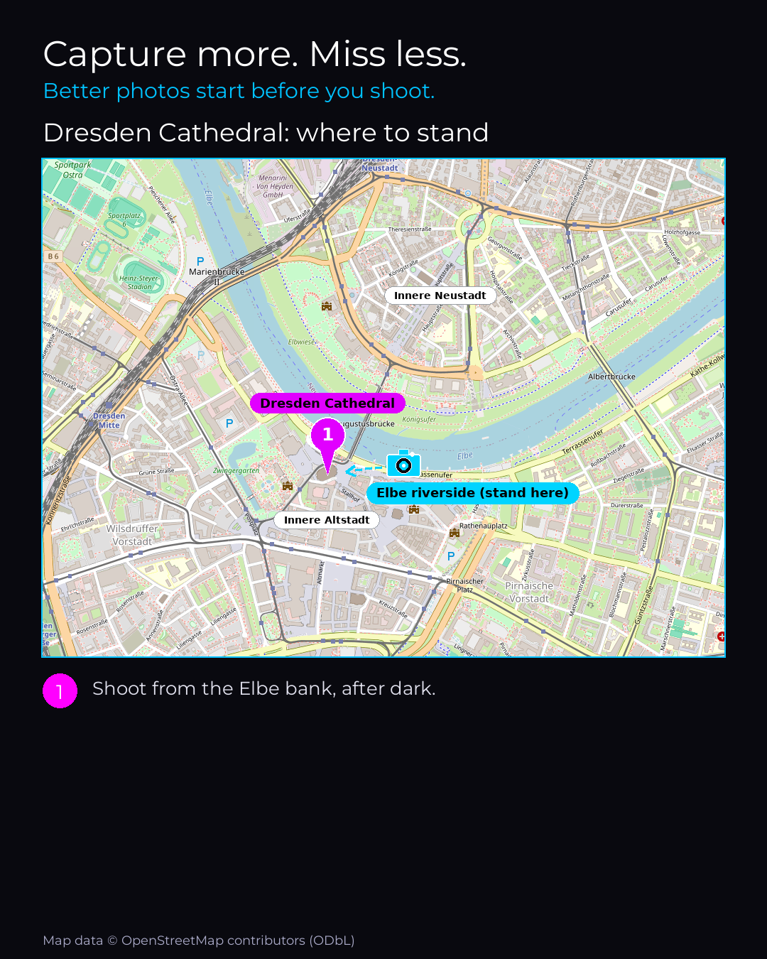 Shot map of Dresden Cathedral in Germany, showing where to stand to photograph it with a smartphone, with the standing point marked on the map.