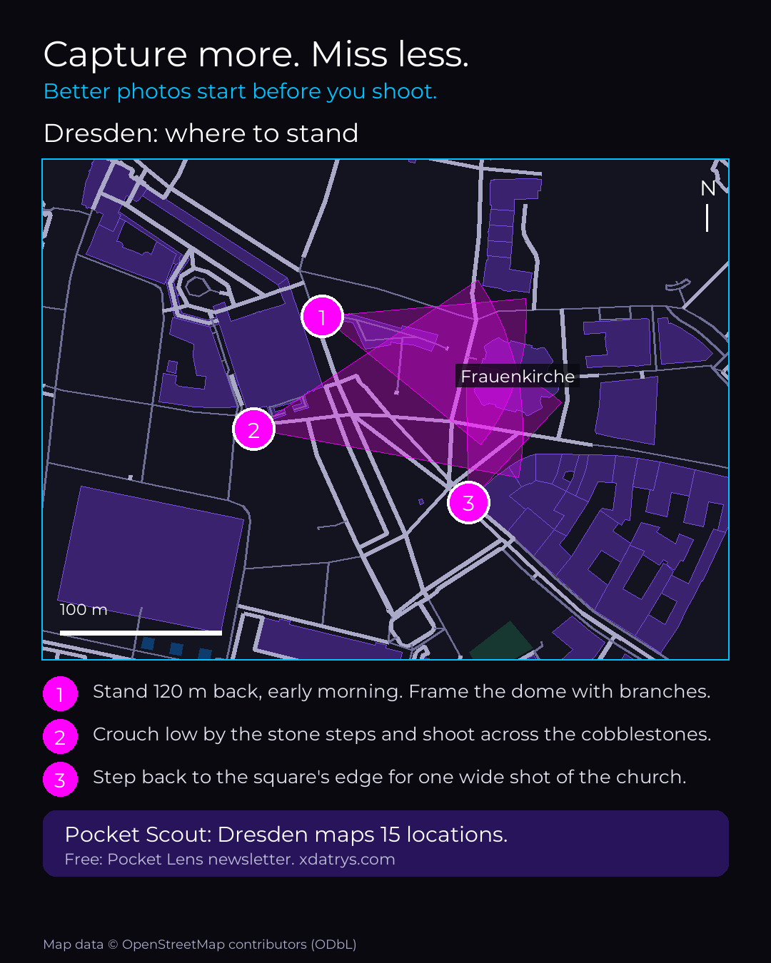 Map of Dresden with numbered standing points for the best photographs