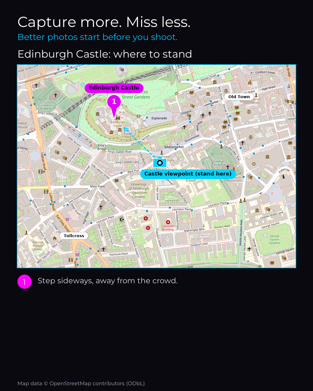 Shot map of Edinburgh Castle in United Kingdom, showing where to stand to photograph it with a smartphone, with the standing point marked on the map.