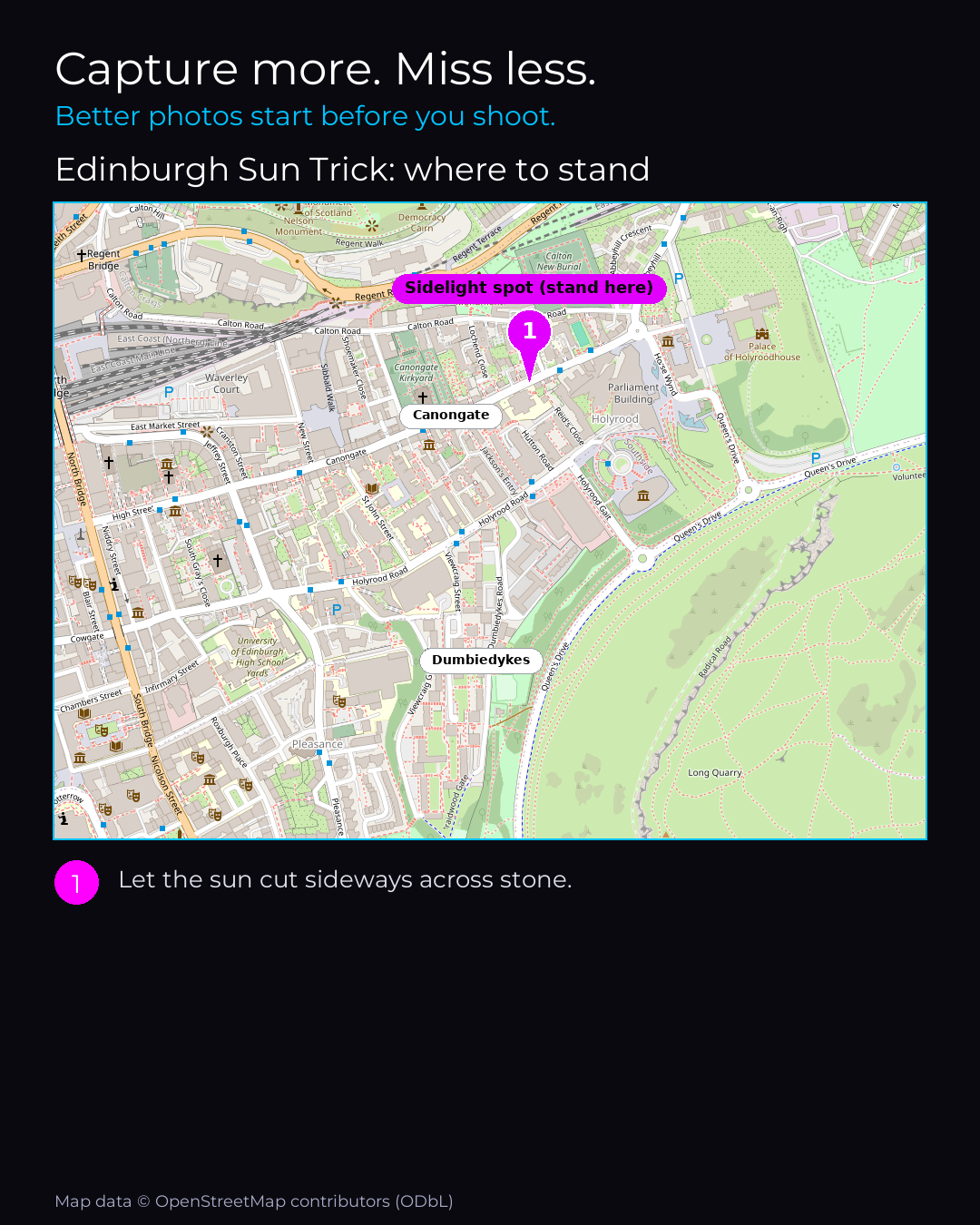 Shot map of Edinburgh Sun Trick in United Kingdom, showing where to stand to photograph it with a smartphone, with the standing point marked on the map.