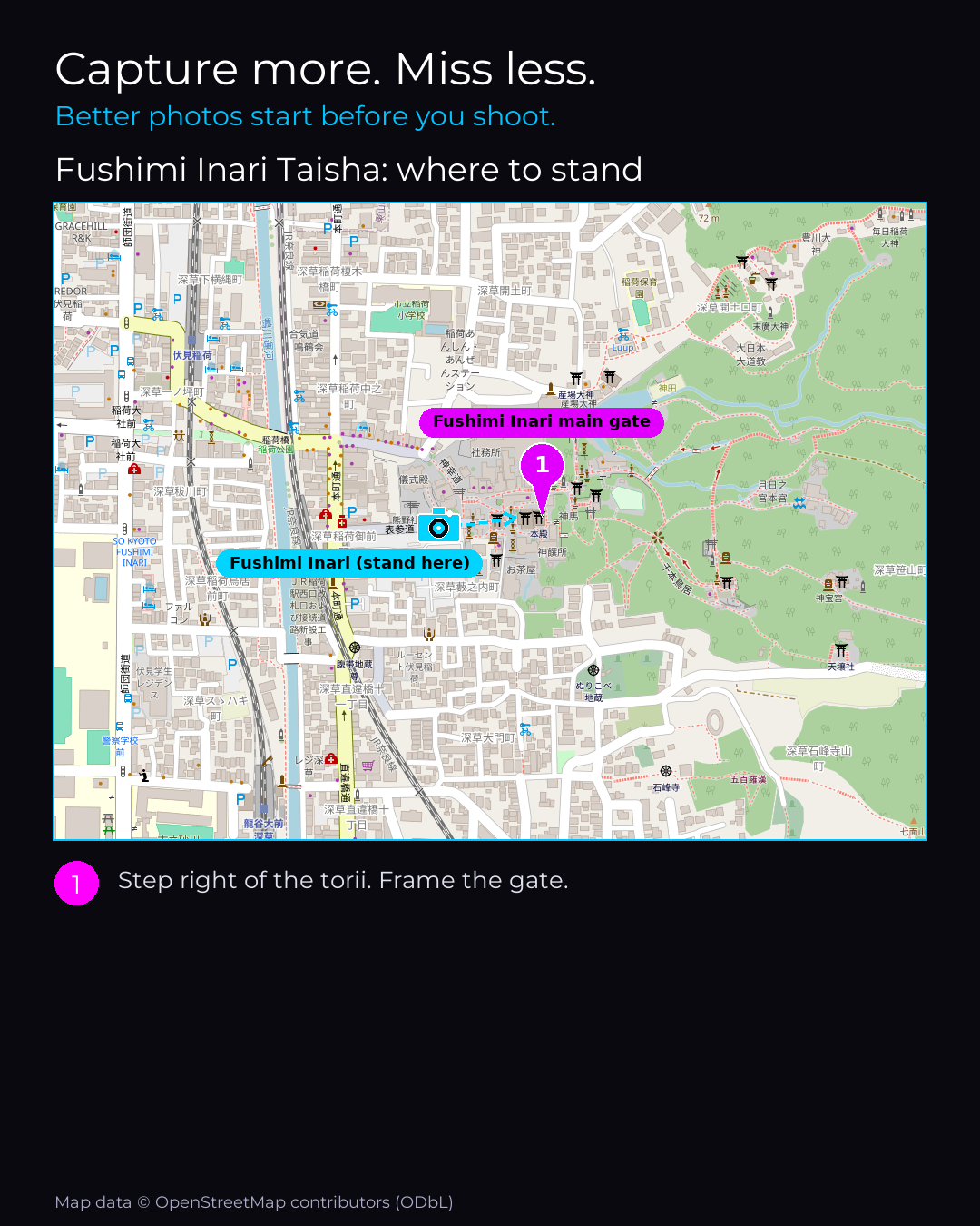 Map of Fushimi Inari Taisha with numbered standing points for the best photographs