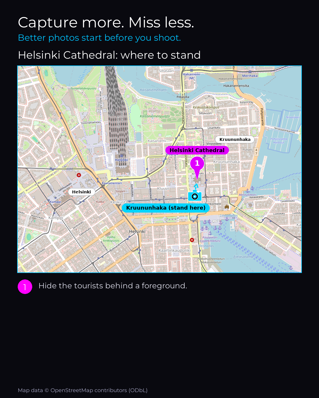Shot map of Helsinki Cathedral in Finland, showing where to stand to photograph it with a smartphone, with the standing point marked on the map.