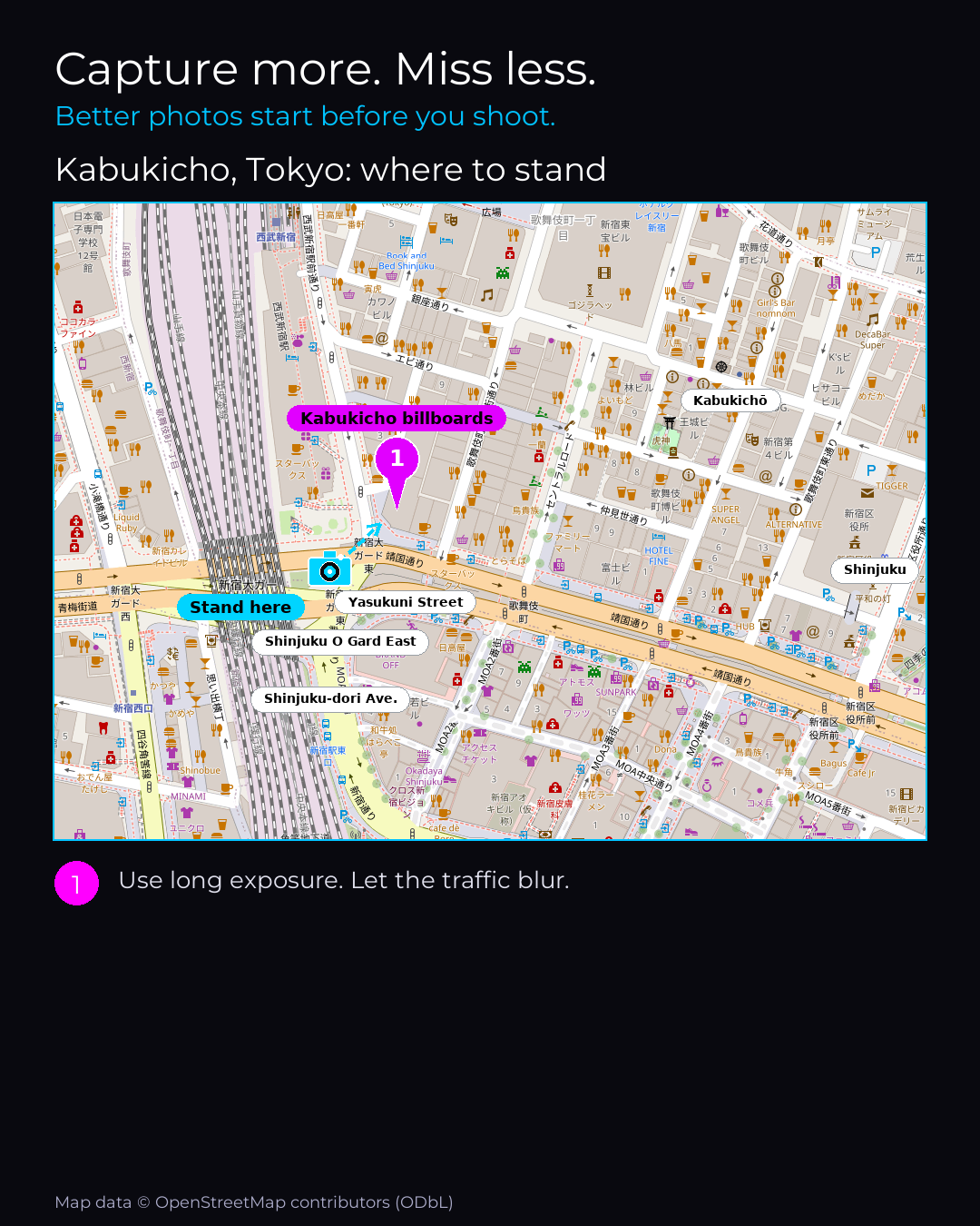 Shot map of Kabukicho in Tokyo, Japan, with the standing point at the Yasukuni Street crossing and a pin on the Kabukicho billboards.