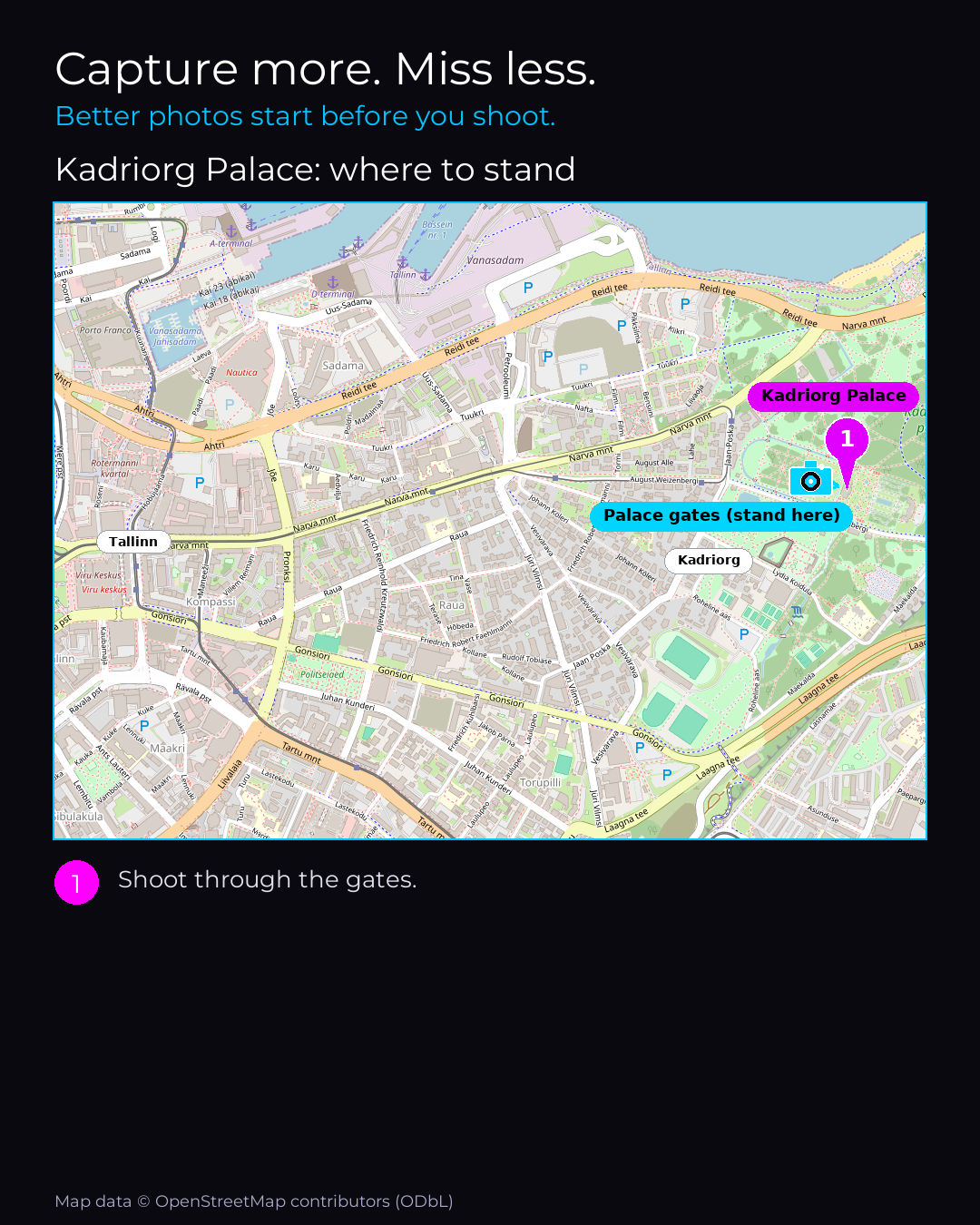 Map of Kadriorg Palace with numbered standing points for the best photographs