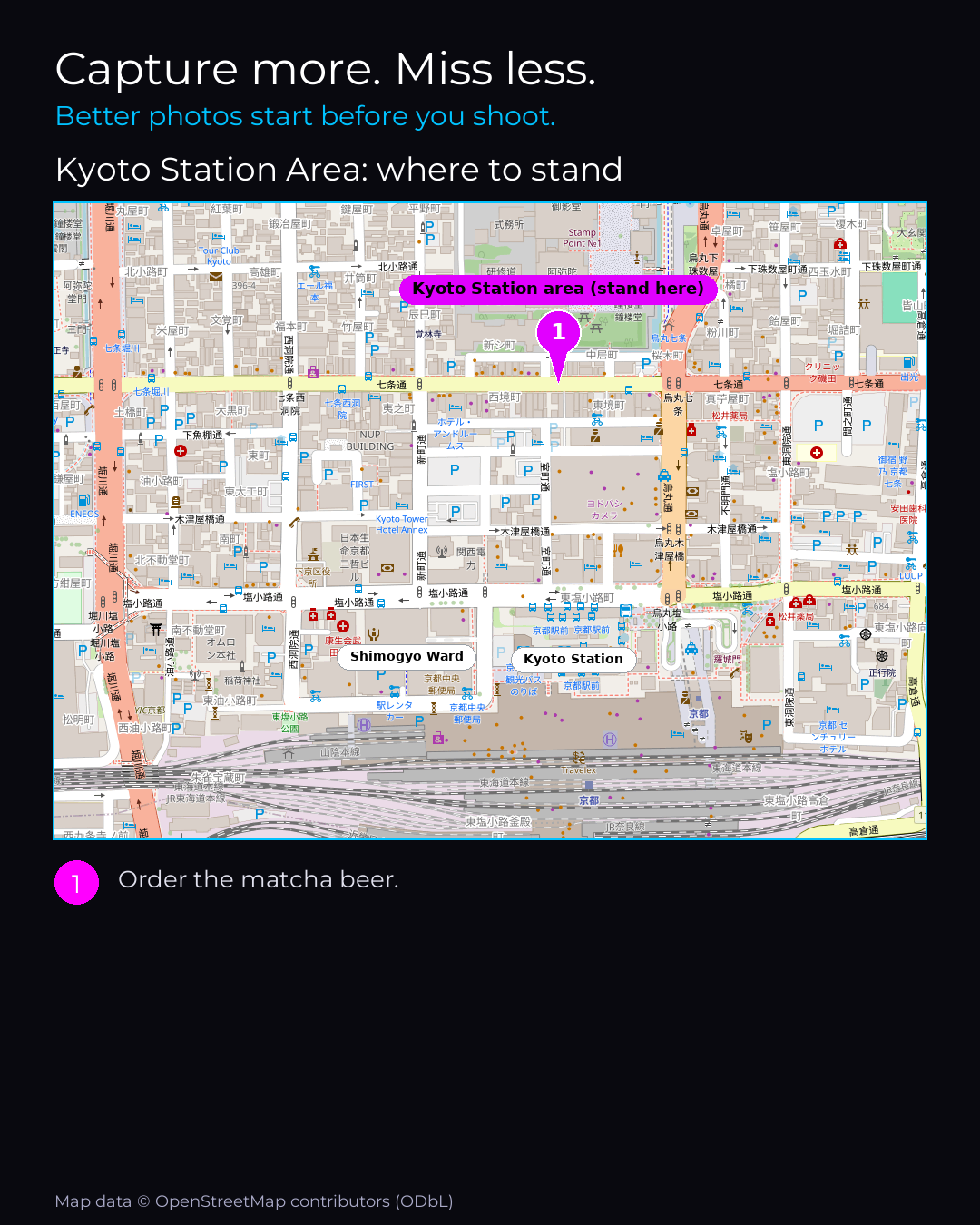 Shot map of Kyoto Station Area in Japan, showing where to stand to photograph it with a smartphone, with the standing point marked on the map.