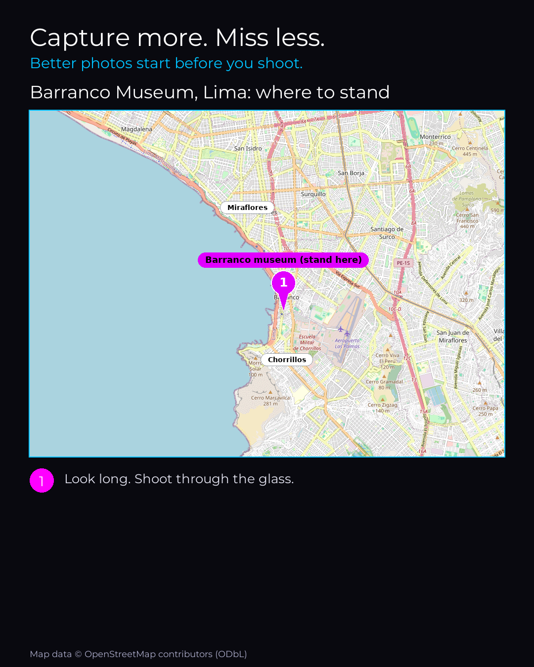 Shot map of Barranco Museum, Lima in Peru, showing where to stand to photograph it with a smartphone, with the standing point marked on the map.