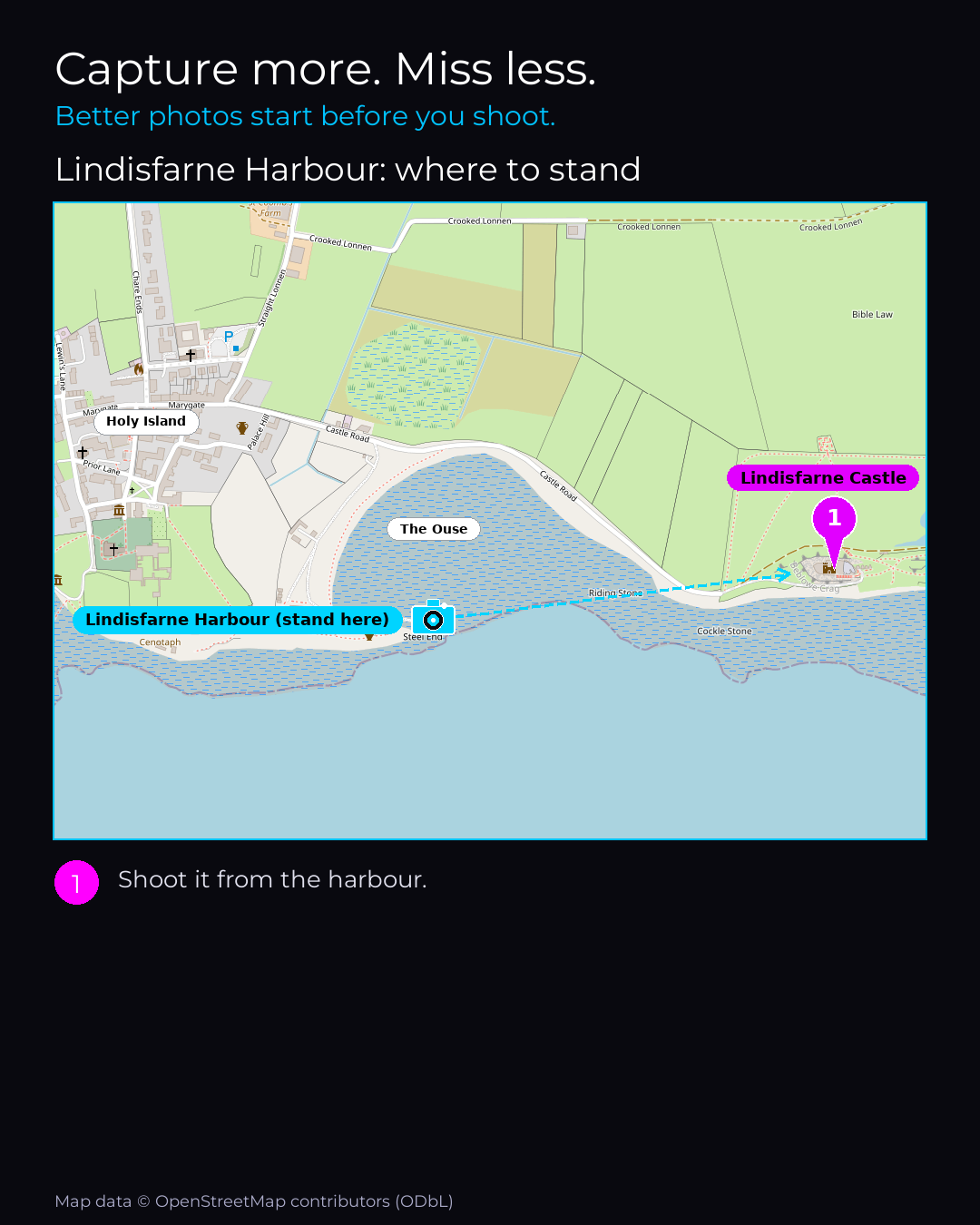 Map of Lindisfarne Harbour with numbered standing points for the best photographs