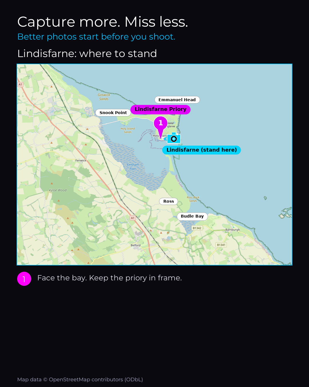Map of Lindisfarne with numbered standing points for the best photographs