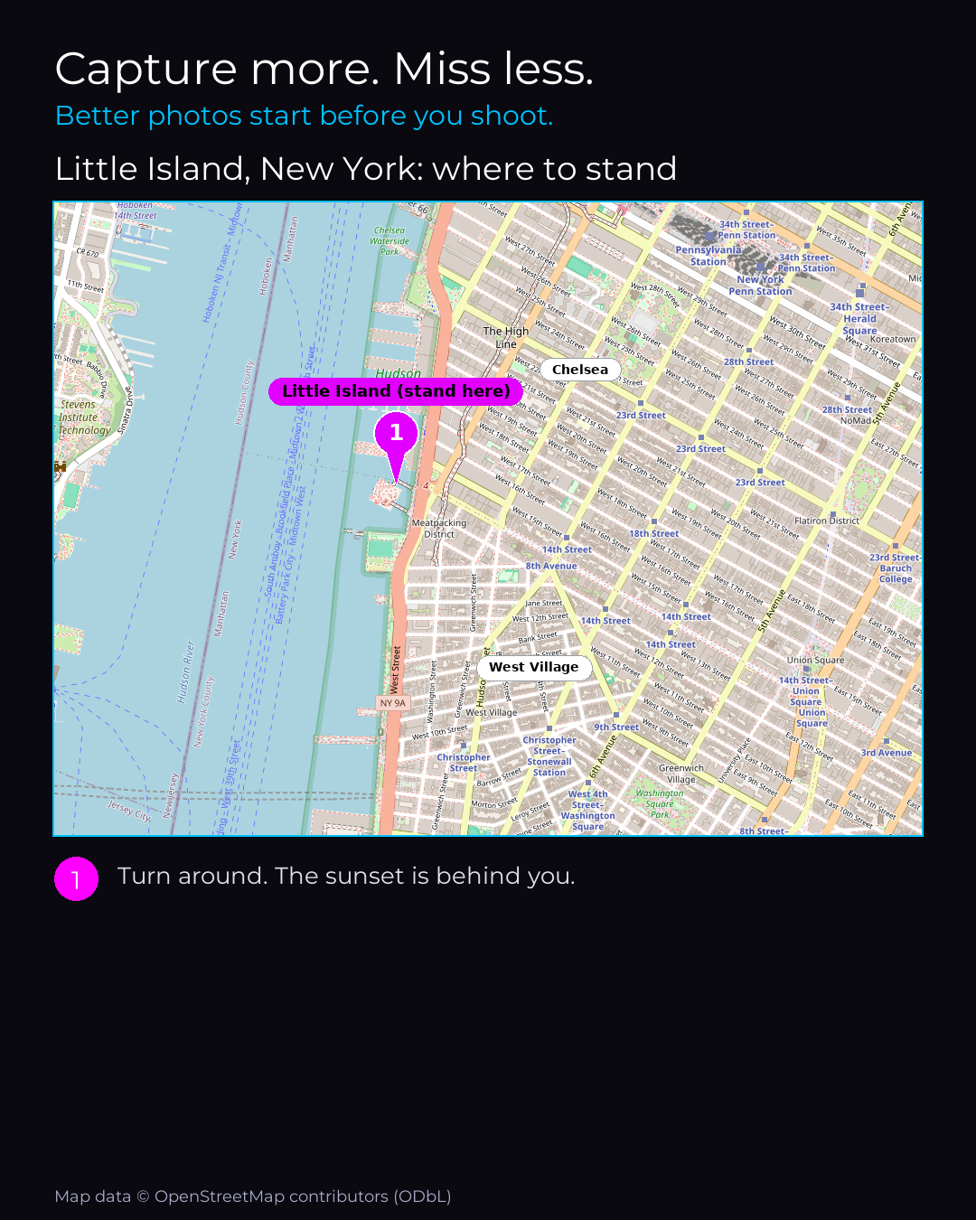 Shot map of Little Island, New York in United States, showing where to stand to photograph it with a smartphone, with the standing point marked on the map.