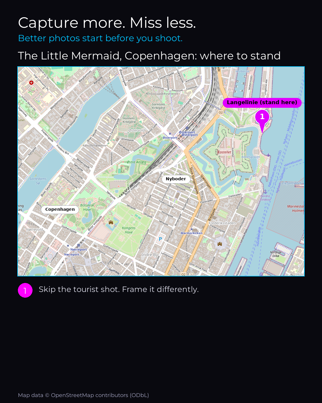 Shot map of The Little Mermaid, Copenhagen in Denmark, showing where to stand to photograph it with a smartphone, with the standing point marked on the map.