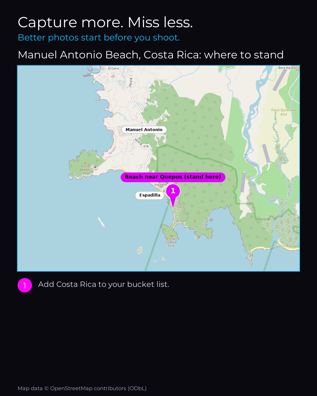 Shot map of Manuel Antonio Beach in Costa Rica, showing where to stand to photograph it with a smartphone, with the standing point marked on the map.