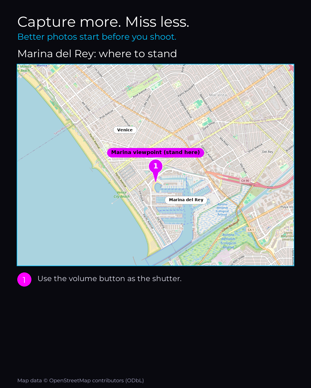Shot map of Marina del Rey in United States, showing where to stand to photograph it with a smartphone, with the standing point marked on the map.