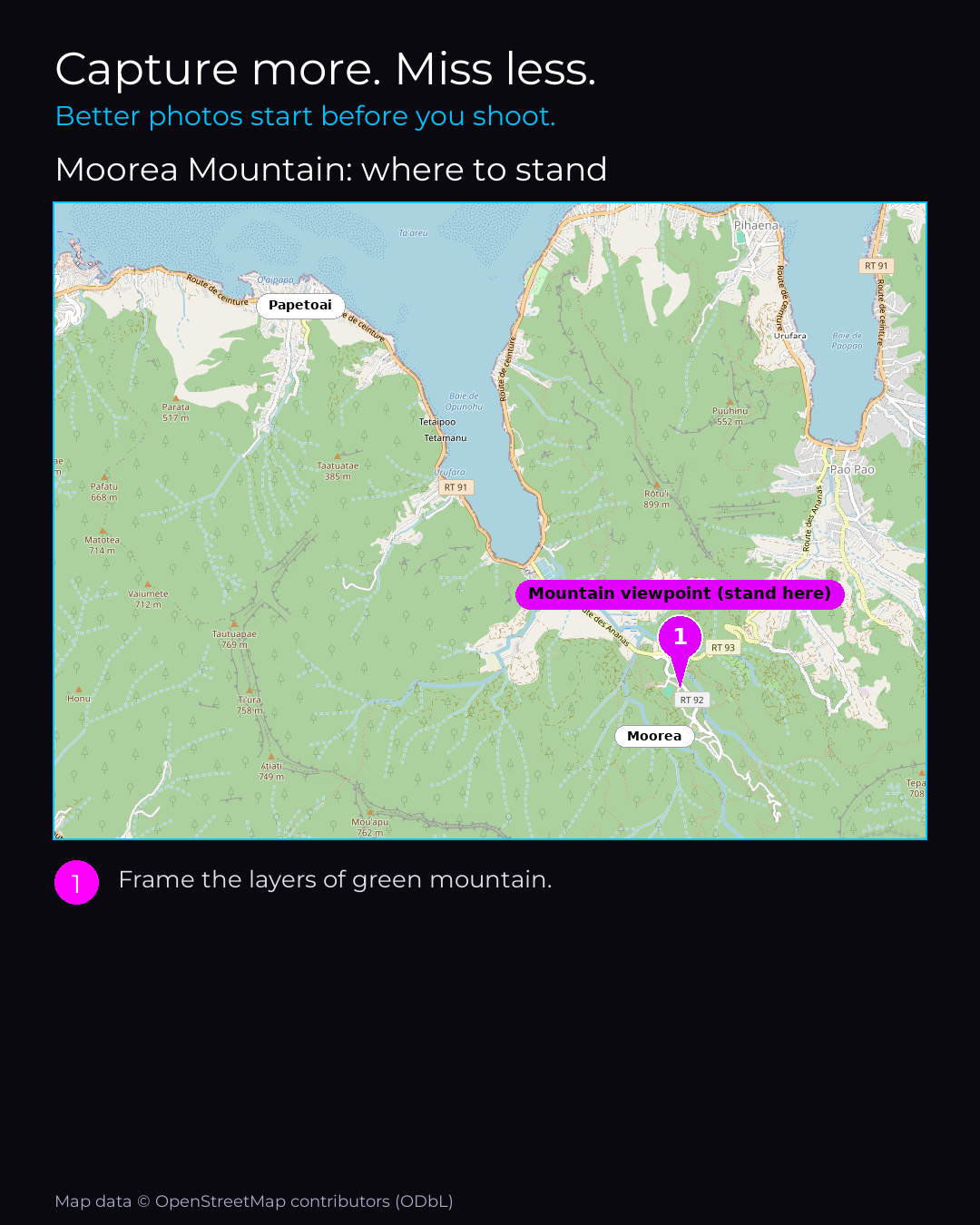 Shot map of Moorea Mountain in French Polynesia, showing where to stand to photograph it with a smartphone, with the standing point marked on the map.