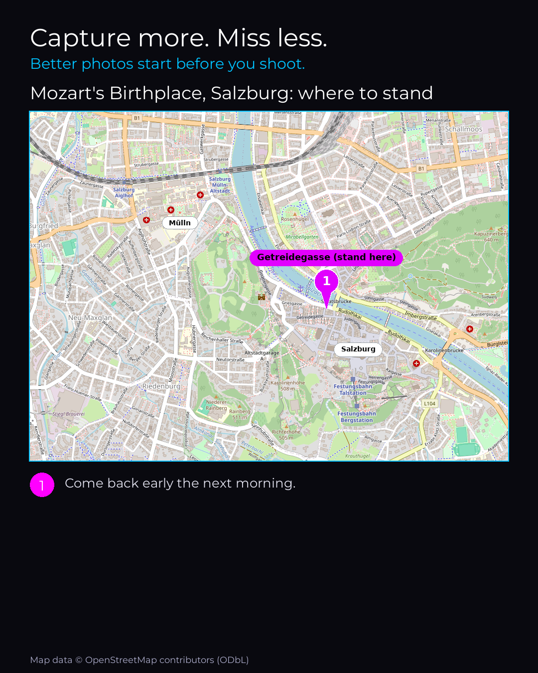 Shot map of Mozart's Birthplace, Salzburg in Austria, showing where to stand to photograph it with a smartphone, with the standing point marked on the map.