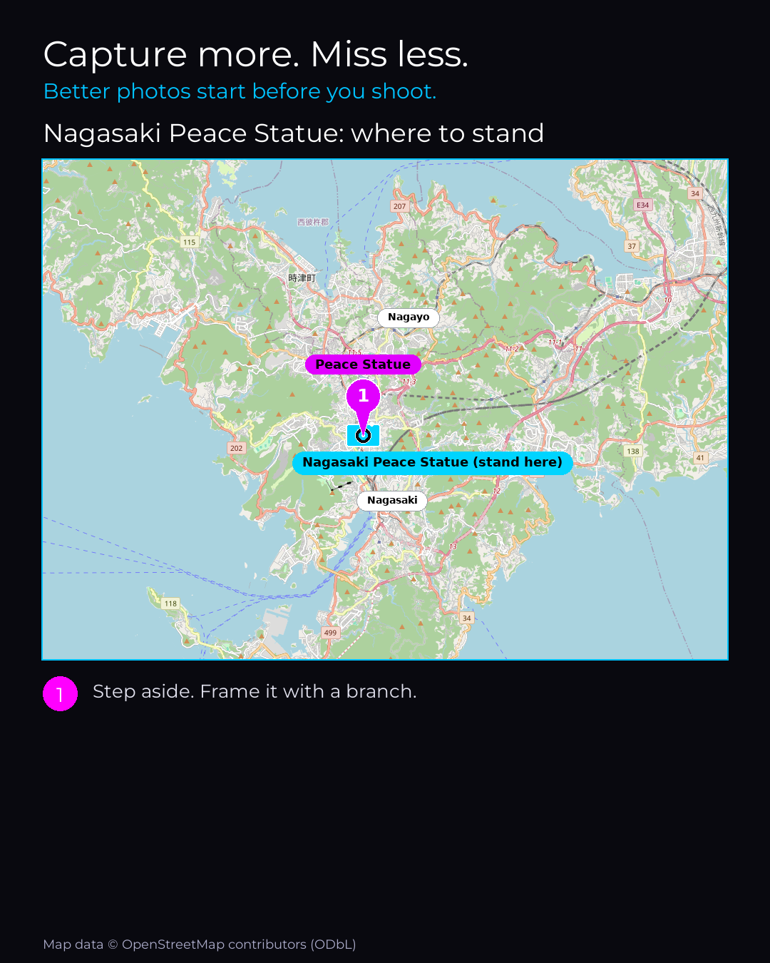 Map of Nagasaki Peace Statue with numbered standing points for the best photographs