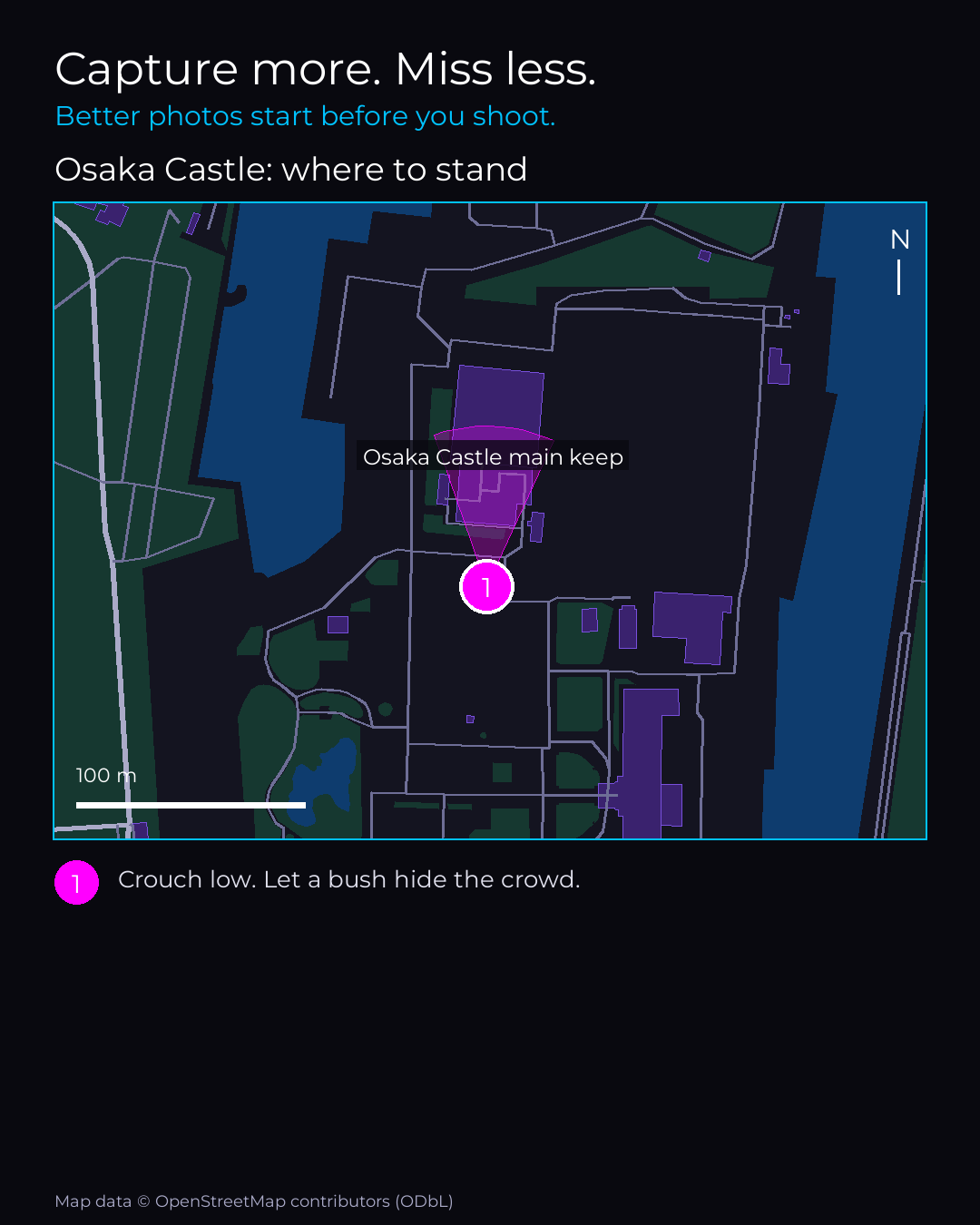 Map of Osaka Castle with numbered standing points for the best photographs