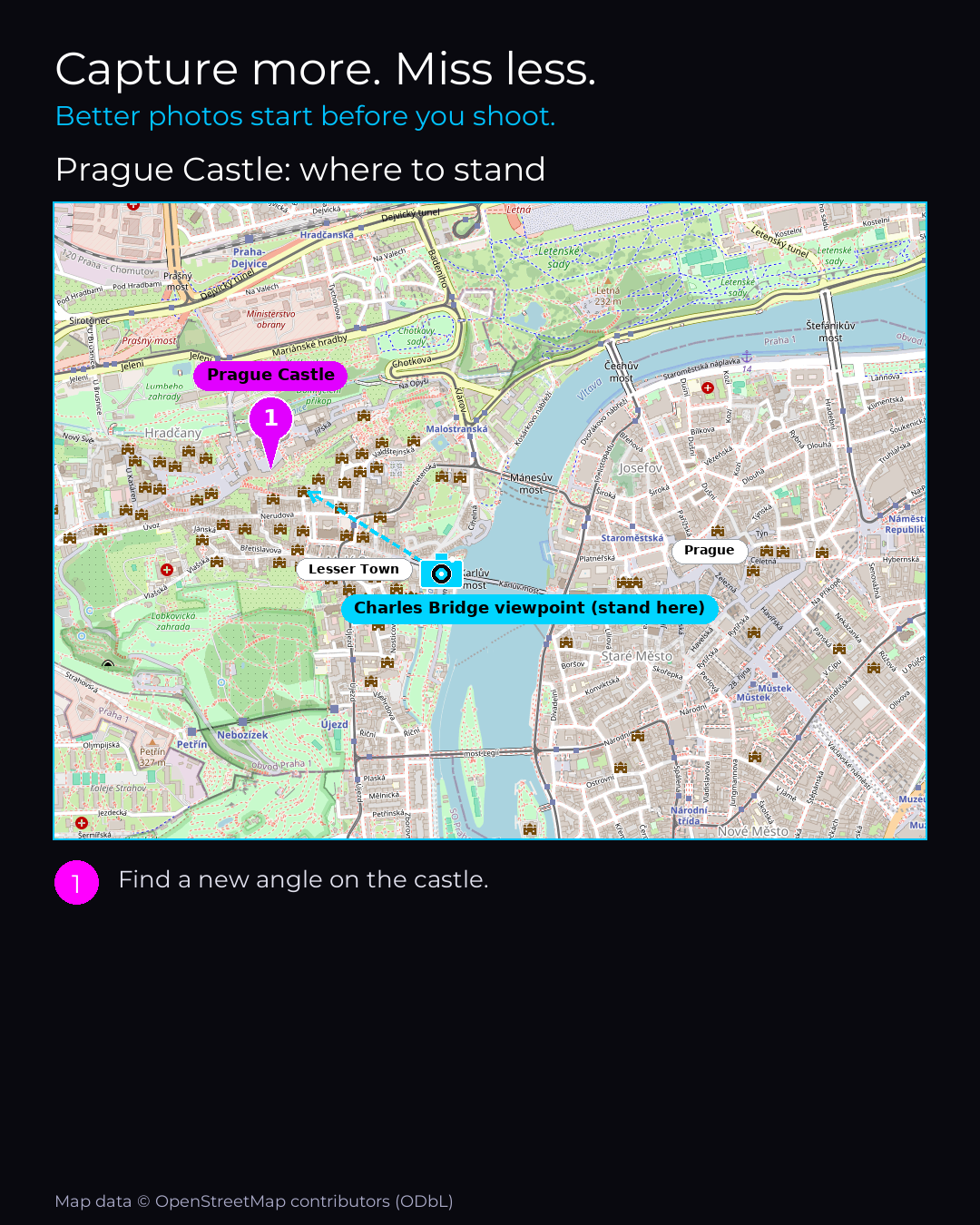 Shot map of Prague Castle in Czechia, showing where to stand to photograph it with a smartphone, with the standing point marked on the map.