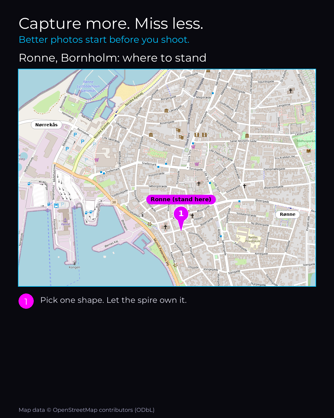Shot map of Ronne, Bornholm in Denmark, showing where to stand to photograph it with a smartphone, with the standing point marked on the map.