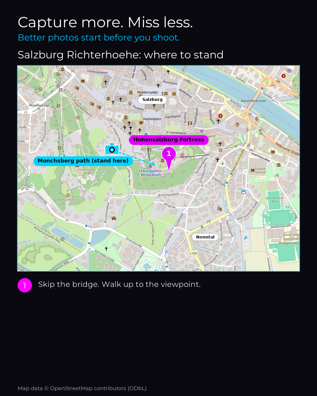 Shot map of Salzburg Richterhoehe in Austria, showing where to stand to photograph it with a smartphone, with the standing point marked on the map.