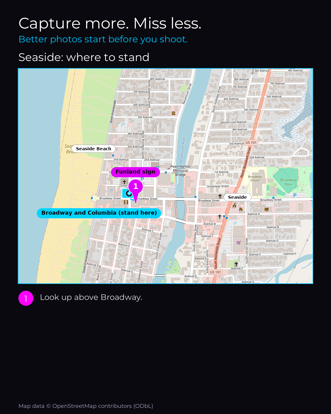 Shot map of Seaside in United States, showing where to stand to photograph it with a smartphone, with the standing point marked on the map.
