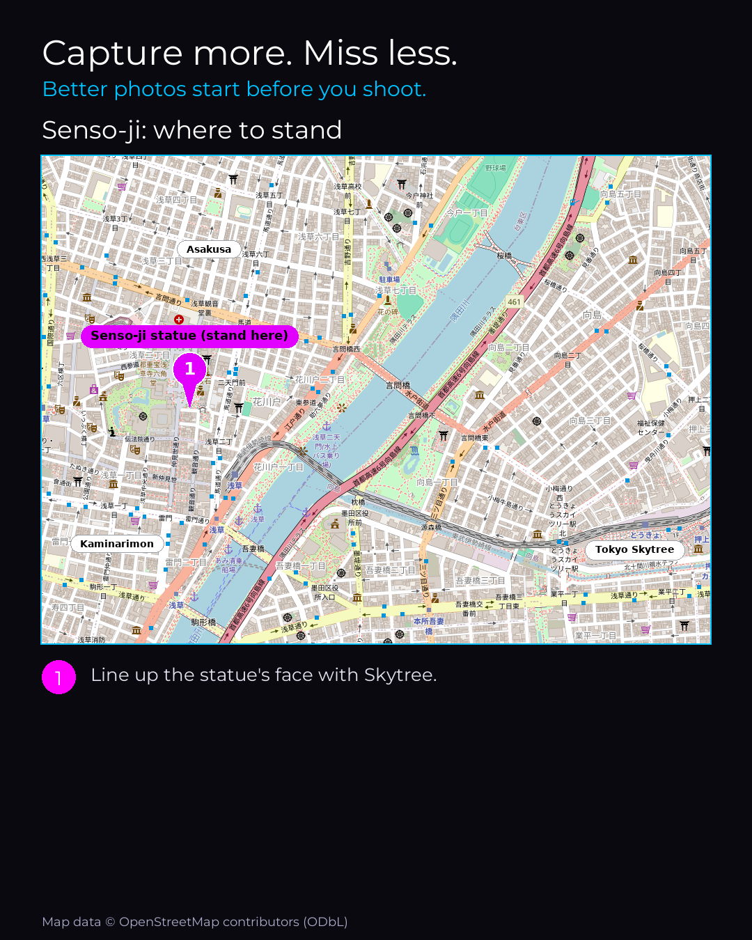 Shot map of Senso-ji in Tokyo, Japan, showing where to stand to photograph it with a smartphone, with the standing point marked on the map.