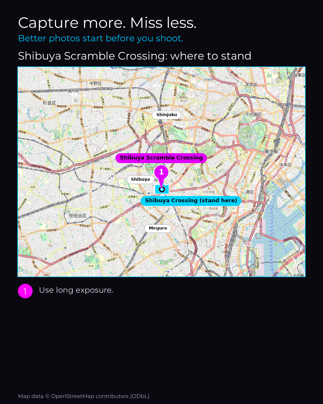 Map of Shibuya Scramble Crossing with numbered standing points for the best photographs