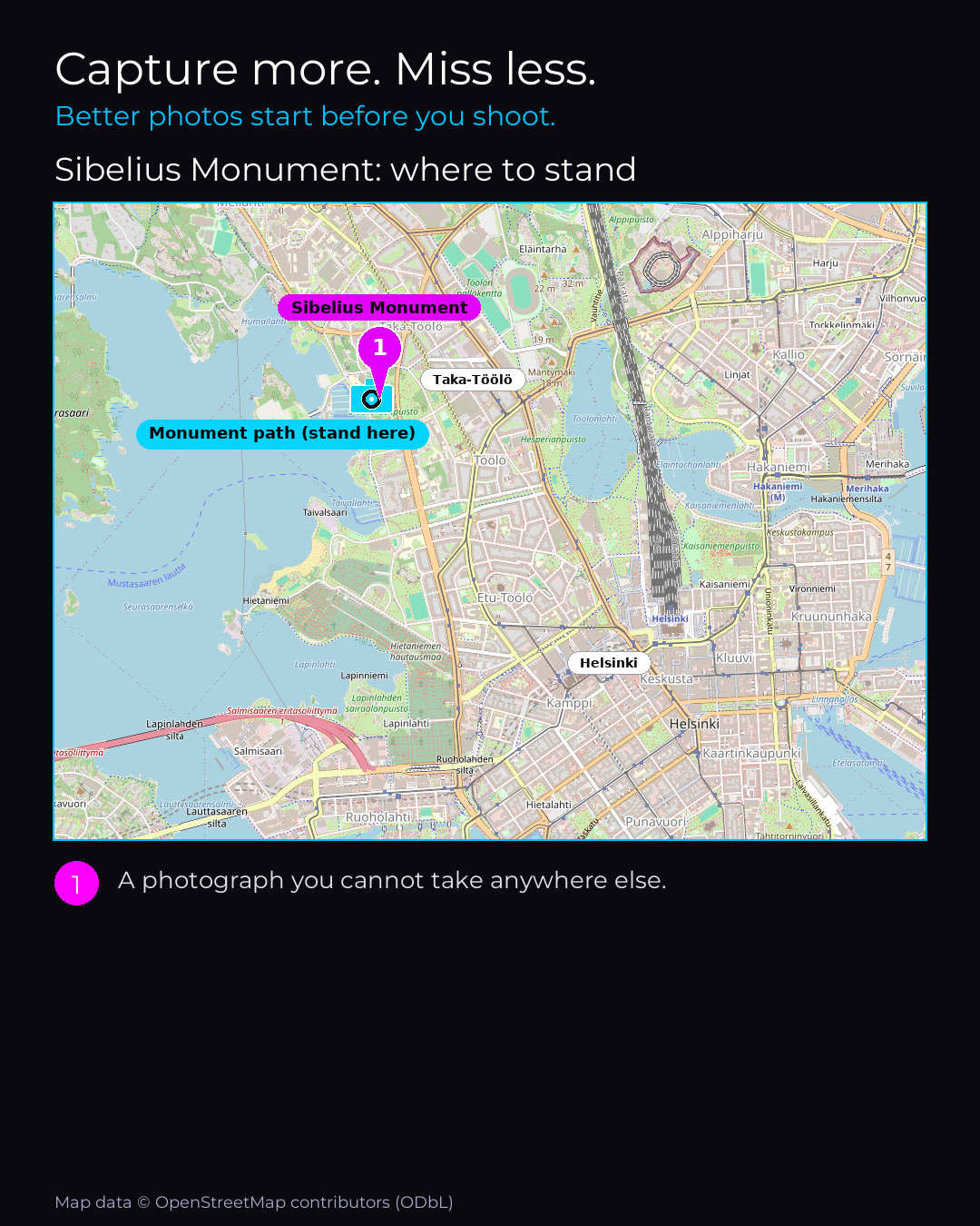 Shot map of Sibelius Monument in Helsinki, Finland, showing where to stand to photograph it with a smartphone, with the standing point marked on the map.
