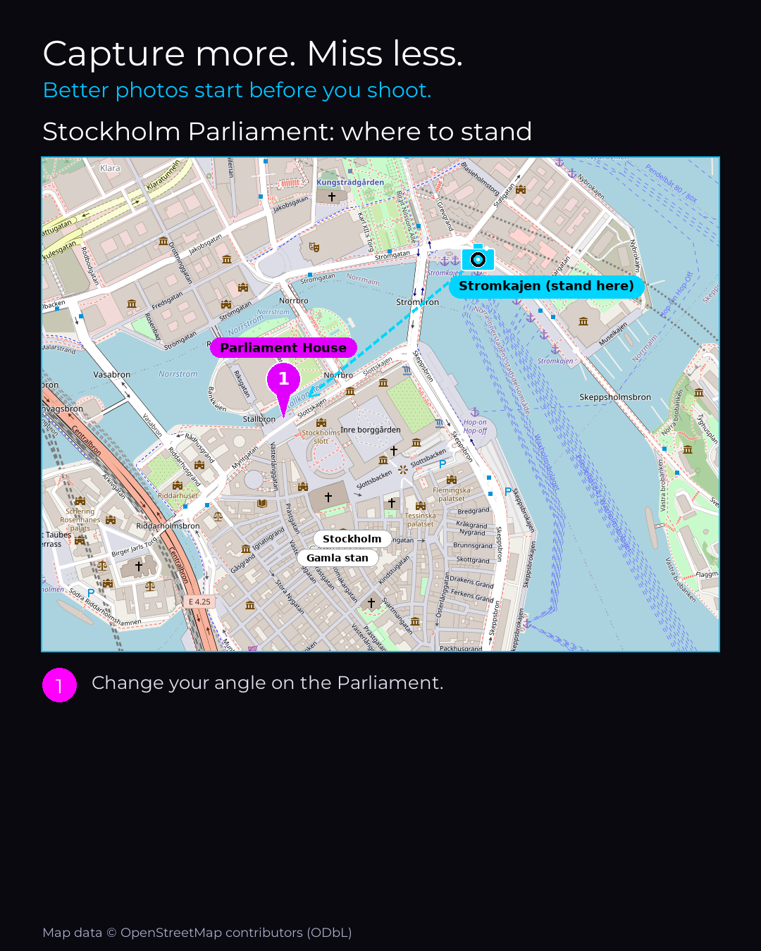 Shot map of Stockholm Parliament in Sweden, showing where to stand to photograph it with a smartphone, with the standing point marked on the map.