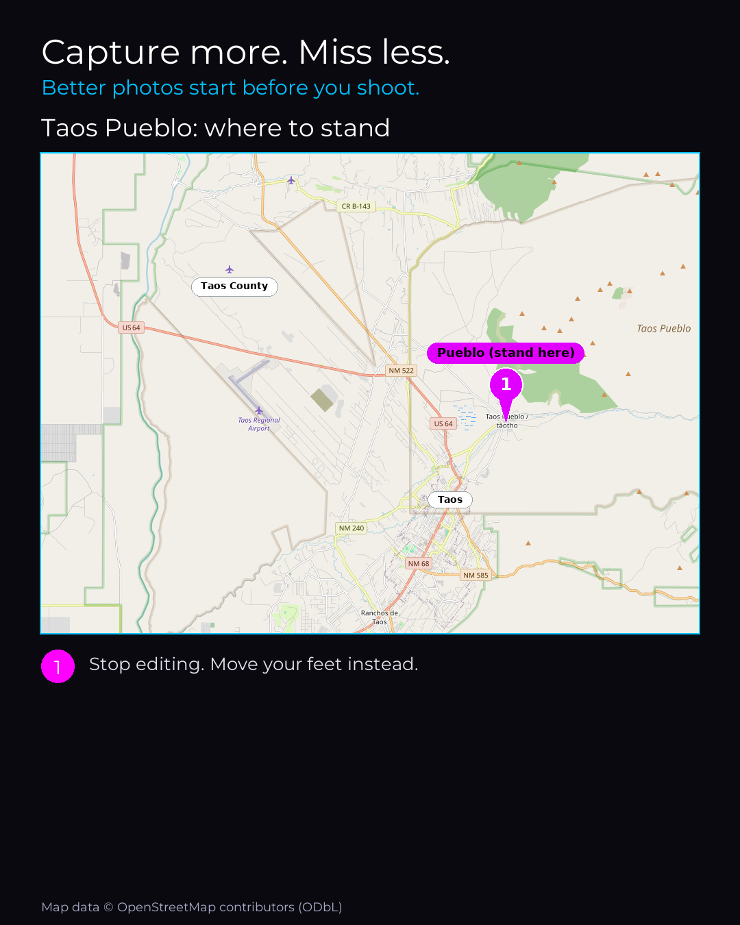Shot map of Taos Pueblo in United States, showing where to stand to photograph it with a smartphone, with the standing point marked on the map.