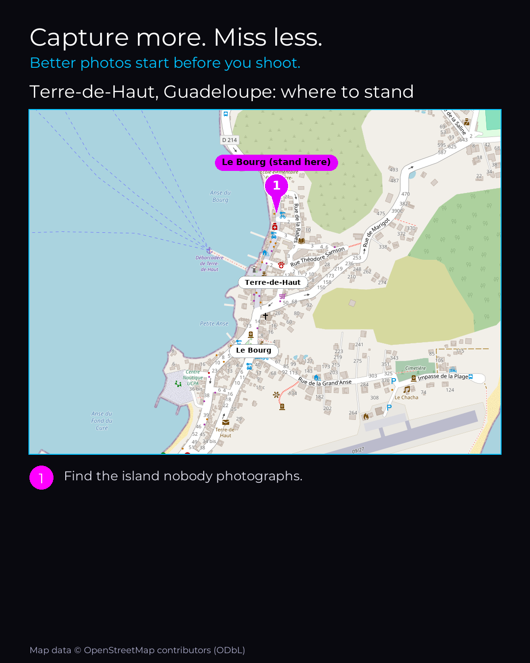 Shot map of Terre-de-Haut, Guadeloupe in Guadeloupe, showing where to stand to photograph it with a smartphone, with the standing point marked on the map.