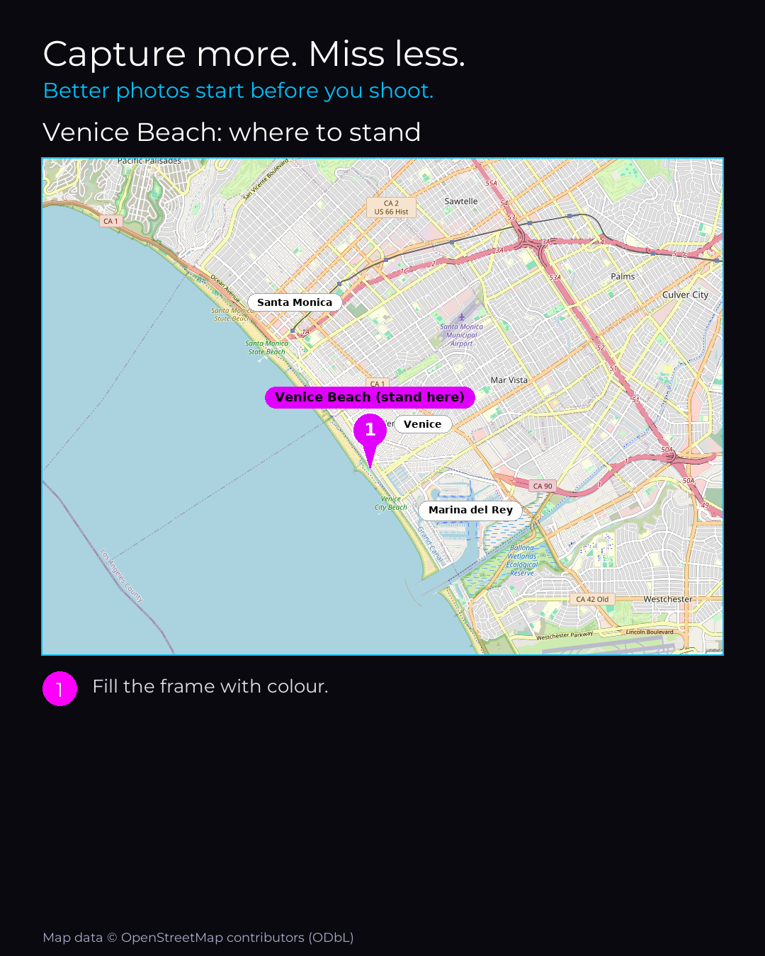 Shot map of Venice Beach in Los Angeles, United States, showing where to stand to photograph it with a smartphone, with the standing point marked on the map.